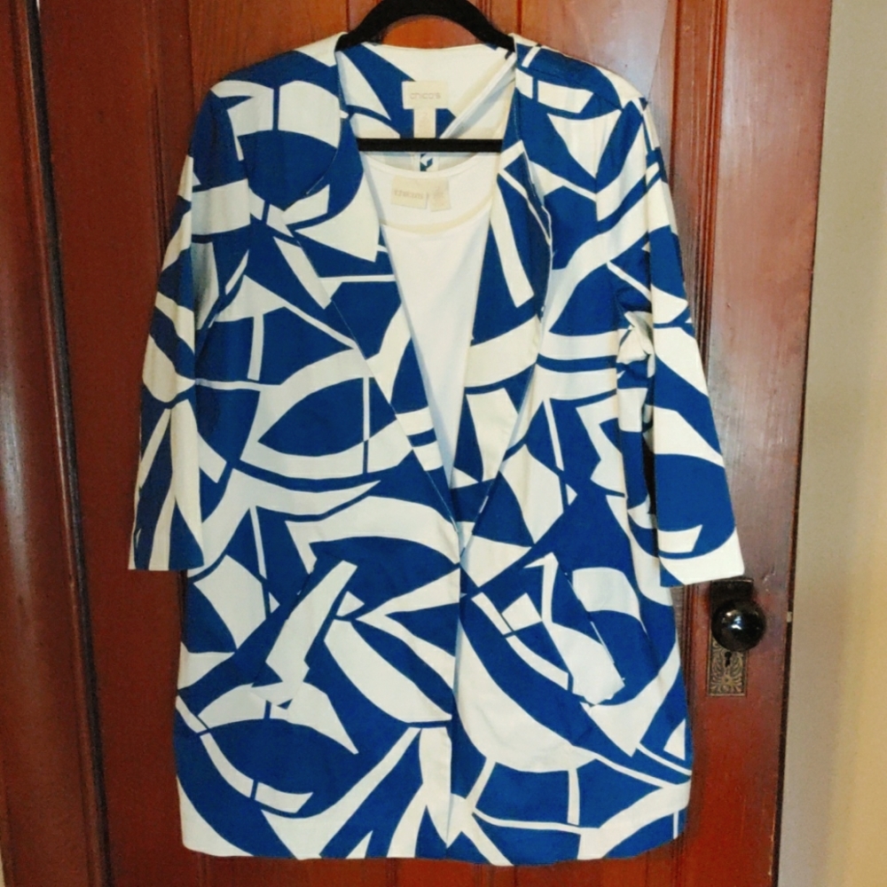 Chico's Geometric Blue & White Jacket Size 2